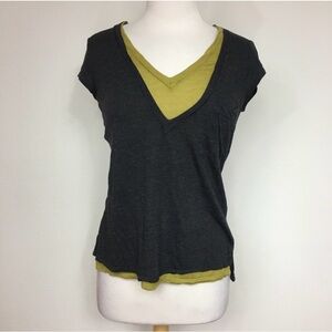 Anthropologie Bordeaux Dark Gray Chartreuse V Neck Soft Flowy T-Shirt Size XS